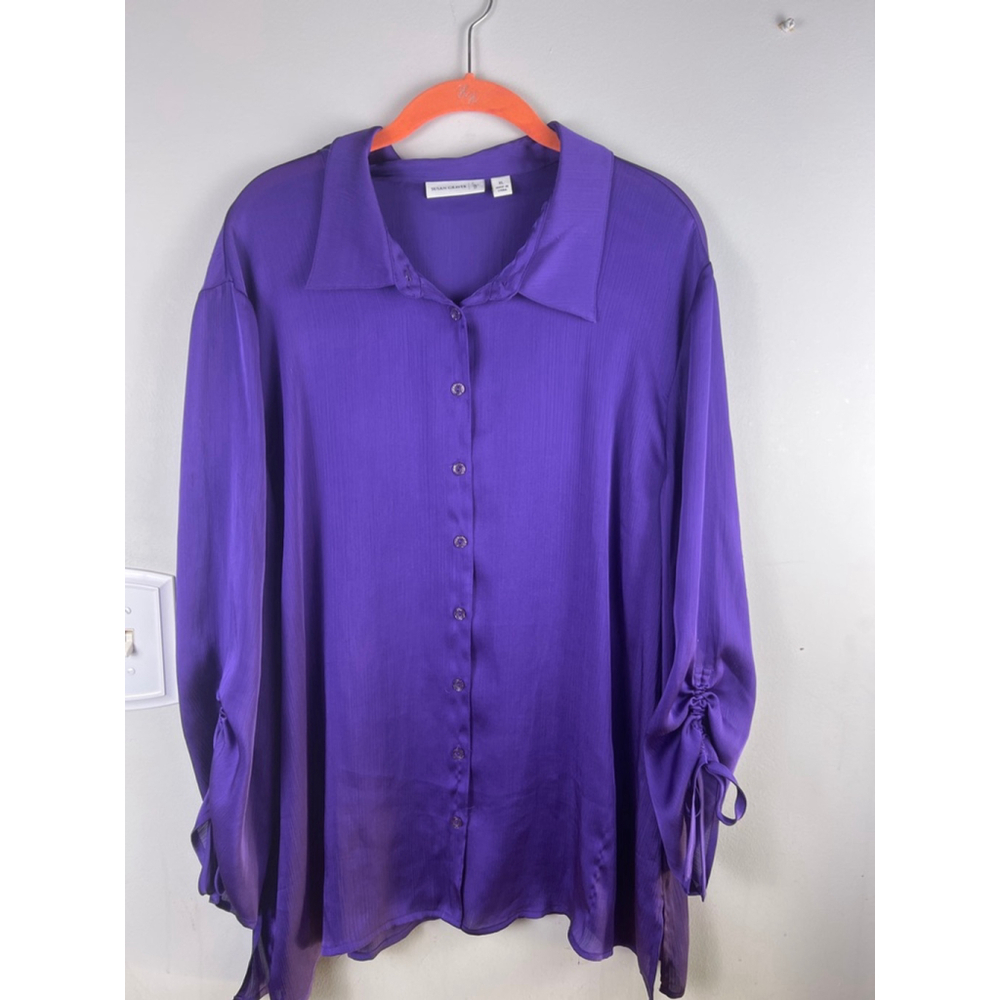 Susan Graver Purple Button Front Blouse XL Long Sleeve Ruched Tie Cuffs